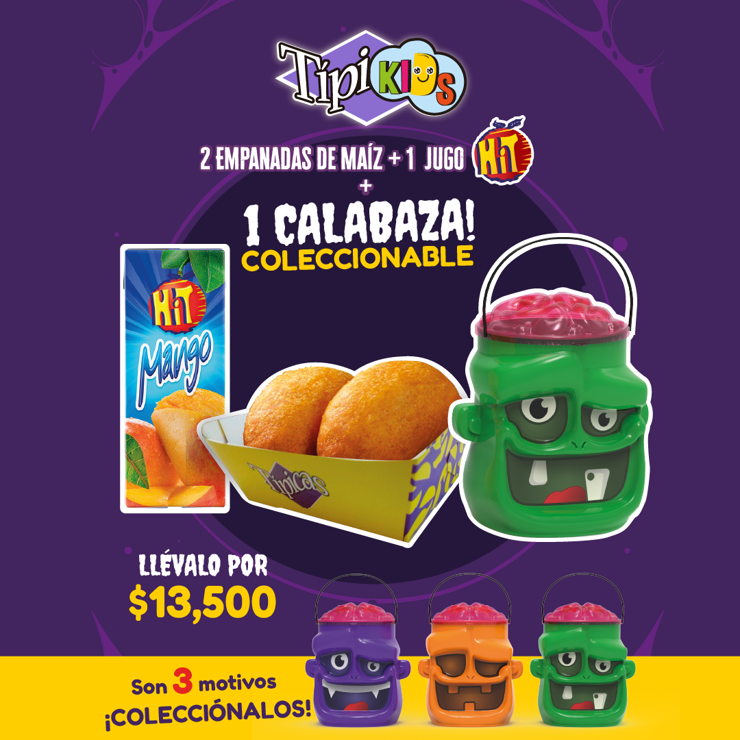 Combo Tipikids de 2 empanadas de maíz más 1 jugo hit y una calabaza coleccionable. Son 4 motivos.